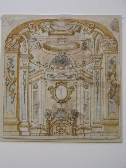 ECOLE ITALIENNE XVIIIe SIÈCLE Intérieur de palais baroque Aquarelle, 26 x 25 cm