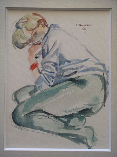 CHAMPEAUX ANDRÉ (1917-1978) Femme accroupie, 1960 Aquarelle, signée en haut à droite....