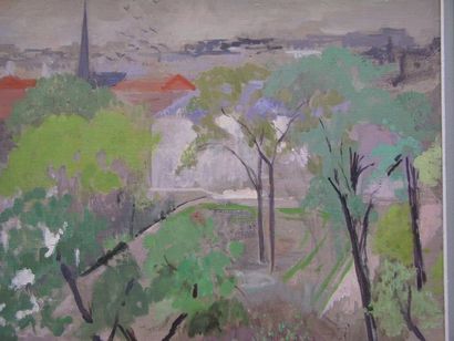 DEBAINS THÉRÈSE (1907-1975) Le jardin dans la ville. Huile sur toile. Cachet en bas...
