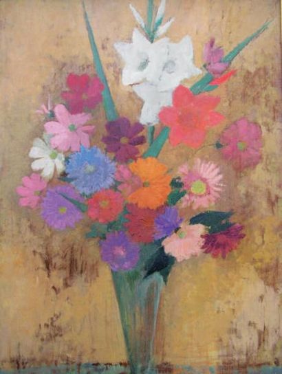 DEBAINS THÉRÈSE (1907-1975) Le vase de fleurs. Huile sur bois, signée en bas à gauche....