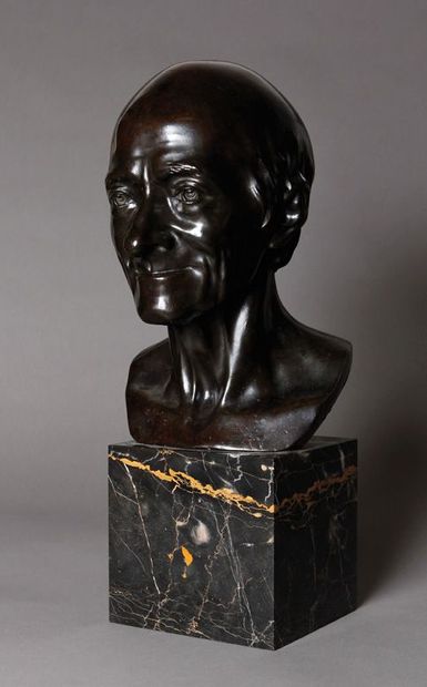 D'après Jean Antoine HOUDON (1741 - 1828) Buste de Voltaire Epreuve en bronze à patine...
