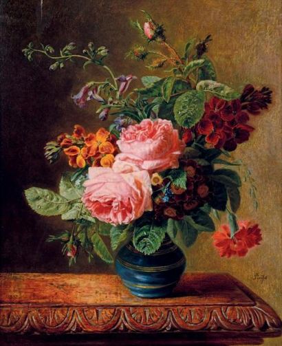 Jean Pierre LAYS (1827 - 1885) Bouquet de fleurs dans un vase posé sur un entablement...