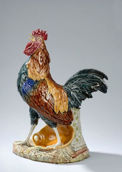 Louis Robert CARRIER-BELLEUSE (1848 - 1913) Coq en faïence polychrome. Signé sur...