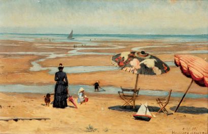 Camille MOREAU (1840 - 1897) La plage d'Houlgate Huile sur panneau. Signé en bas...
