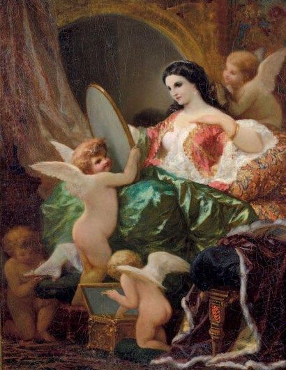 Henri Pierre PICOU (1824 - 1895) Orientale au miroir Huile sur toile. Signée en bas...