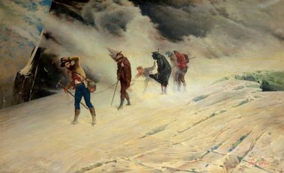 Giacomo GROSSO (1860 - 1938) La cordée sous la neige Huile sur toile. Signée en bas...