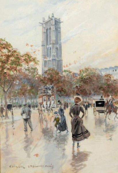 Georges STEIN (1870 - 1955) La Tour Saint-Jacques Gouache et aquarelle, signée en...