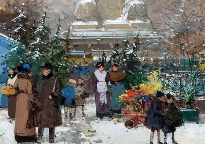Eugène GALIEN-LALOUE (1854 - 1941) Paris, place de la République sous la neige Gouache...