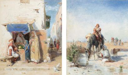 Henri GIRARDET (1848 - 1917) Scène de rue et Halte au bord de l'oued Deux aquarelles...