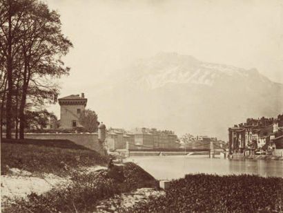 Victor MUZET (1828 - après 1885) Grenoble: la citadelle, le pont suspendu et le quartier...