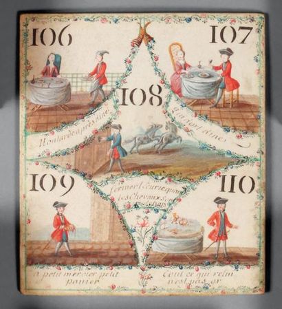 JEU du XVIIIe siècle Une carte sur peau de vélin, avec 5 SCÈNES PEINTES À LA GOUACHE,...