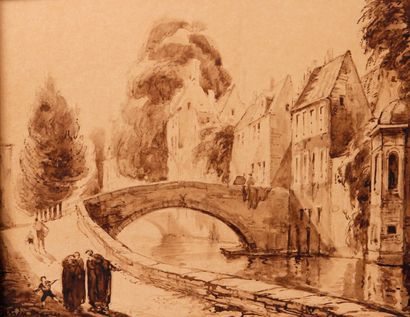 André MAIRE (1898-1984) Village avec pont
Lavis sur papier, signé en bas à droite.... Gazette Drouot
