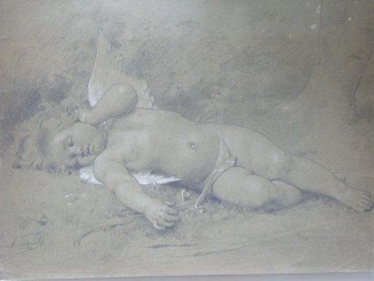 Léon PERRAULT (1832-1908) Amour endormi Dessin au fusain et à la craie blanche, signé...