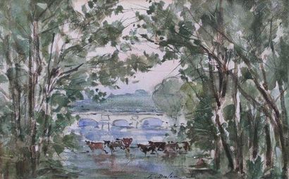 Edouard Jacques DUFEU (1840-1900) Vaches traversant la rivière Aquarelle, signée...
