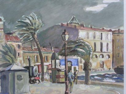 Étienne BOUCHAUD (1898-1989) Sur le port Aquarelle, signée en bas à gauche. 25,5...