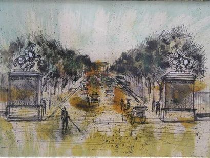 Rolf RAFFLEWSKY (né en 1943) Les Champs Elysées, 1964 Encre et aquarelle, signée...