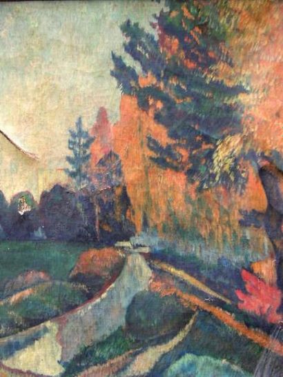 Ecole Moderne Paysage d?après Gauguin Toile. (Accidents visibles). 46 x 38cm