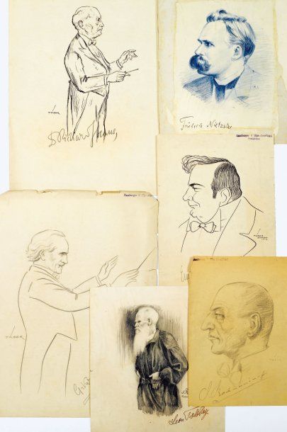 TOLSTOÏ (Léon). Beau portrait original au crayon de N. Barsels, avec signature ;...