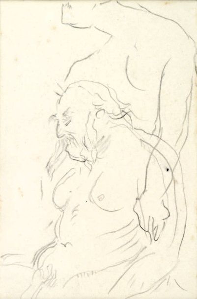 TOULOUSE-LAUTREC (Henri de). Homme barbu et femme nue. Dessin original au crayon,...