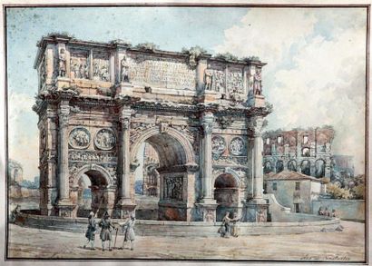 École italienne Arc de Constantin à Rome. Aquarelle. 23,5 x 33 cm