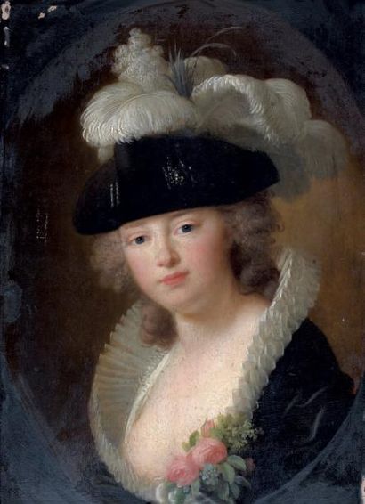 Attribué à Adolf Ulrik WERTMULLER (1751-1811) P ortrait de femme au chapeau de plumes...