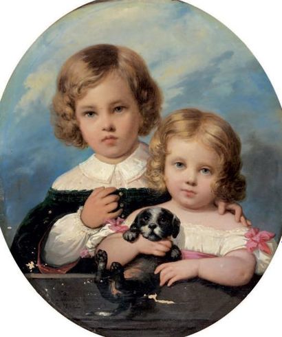 Raymond Auguste Quinsac MONVOISIN (1794-1870) Portrait de deux enfants jouant avec...