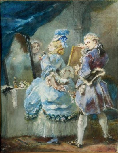 Eugène LAMI (1800-1890) Le Billet doux Aquarelle et rehauts de gouache. Signée en...