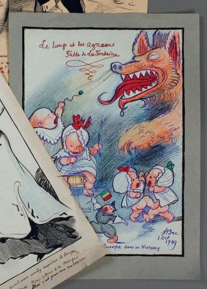 BAC (Ferdinand) "La Stupide petite Europe dans sa Nursery". Dessin original, aux...