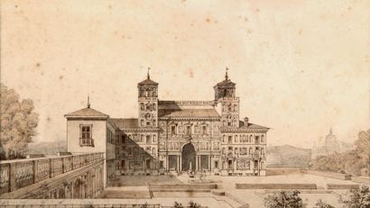 École Française du XIXe siècle Vue de la Villa Médicis Plume et encre brune sur traits...