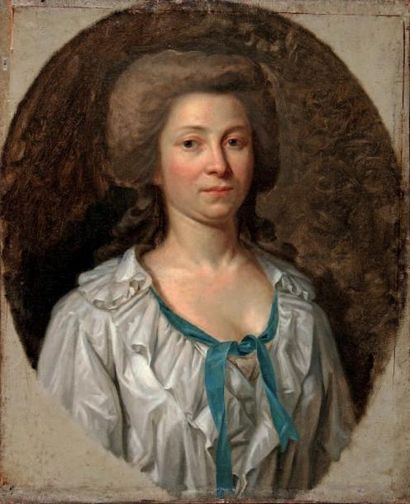 École FRANCAISE vers 1785, entourage de VESTIER Portrait de femme au ruban bleu Toile...