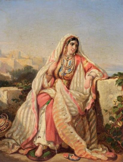 Ecole Orientaliste Femme d'Alger aux perles Huile sur toile datée au dos 1834 et...