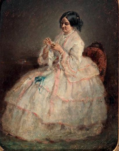 CHARLES CHAPLIN (1825-1891) Jeune femme cousant Panneau. Signé à la hampe du pinceau...