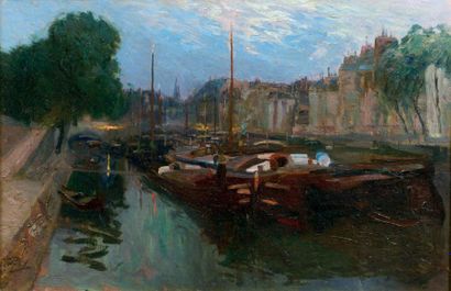 Elie PAVIL (1873-1948) Péniches à quai Huile sur toile. Signée en bas à gauche. 54...