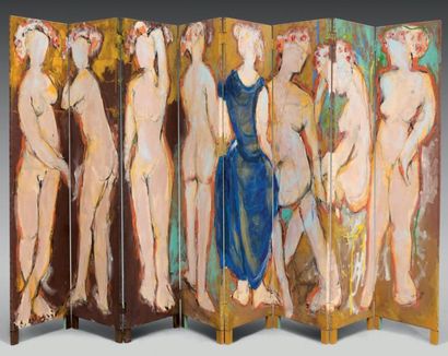 Francky CRIQUET (né en 1968) Femmes Paravent de huit huiles sur toiles, signé. Dim....
