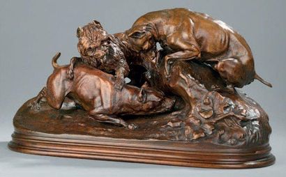 Pierre Jules MENE (1810-1879) Chasse au lapin (groupe chiens au terrier), 1853 Groupe...