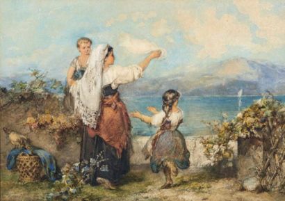 Karel PHILIPPEAU (1825-1857) Jeunes Italiennes au bord de la mer Aquarelle. Signée...