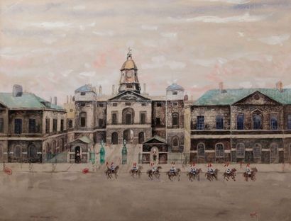 Paul Lucien DESSAU (1909-1999) Les Horse Guards, Londres, 1955 Aquarelle gouachée....