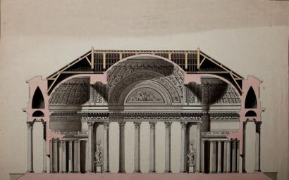 François FORESTIER DE VILLENEUVE (actif au XVIIIème siècle) Coupe et plan d'une salle...