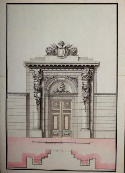 École FRANÇAISE de la fin du XVIIIe siècle Projet de porte cochère monumentale Plume...