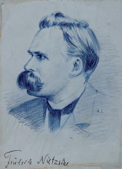 Ecole ALLEMANDE Portrait de Friedrich Nietzsche Dessin au crayon de couleur bleu,...