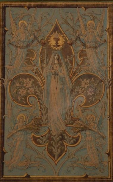 FILOLEAN Vierge Aquarelle et rehauts d'or, signée en bas à droite et datée 1895....