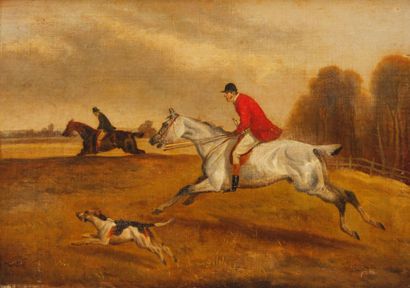 École du XIXe siècle Deux cavaliers de chasse à courre Huile sur toile, porte une...