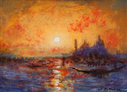 Charles PELLETIER (1922-2005) Coucher de Soleil àVenise Huile sur toile, signée en...