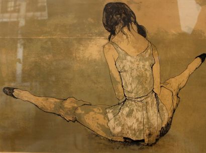 Jean JANSEM (1929-2013) Fillette assise de dos jambes écartées. Lithographie en couleurs....