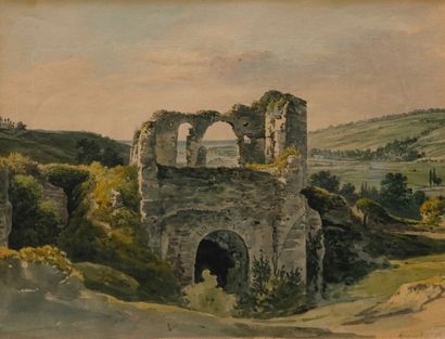 Ferdinand STORELLI (Paris 1805-Après 1840) Vue du château d'Arques-la-Bataille Crayon...