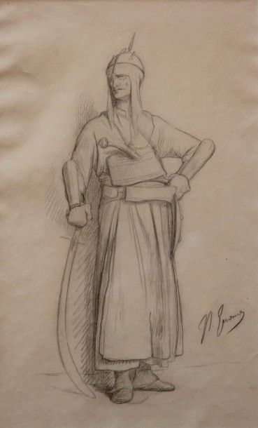 Jean Léon GEROME (Vesoul 1824-Paris 1904) Soldat circassien Crayon noir, signé en...