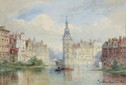 Justin Ouvrié (1806-1879) Ville le long du canal Aquarelle, signée en bas à droite...