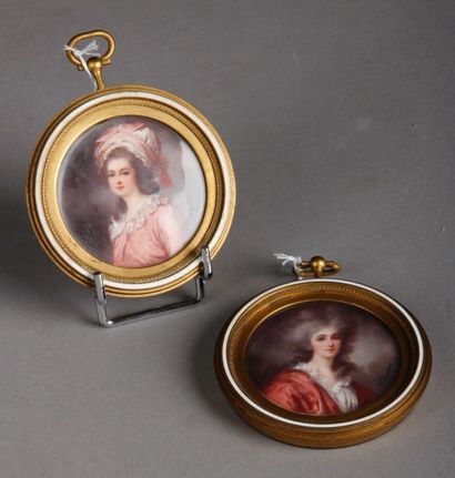 P. HASTENS (Ecole du XIXe siècle) Portraits de jeunes femmes en robe rose et bonnet...