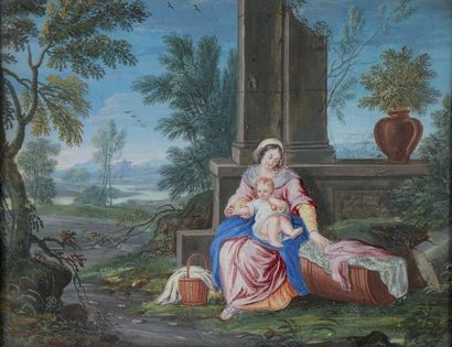 École Française du XVIIe siècle La Vierge et l'enfant Jésus dans un paysage de campagne...