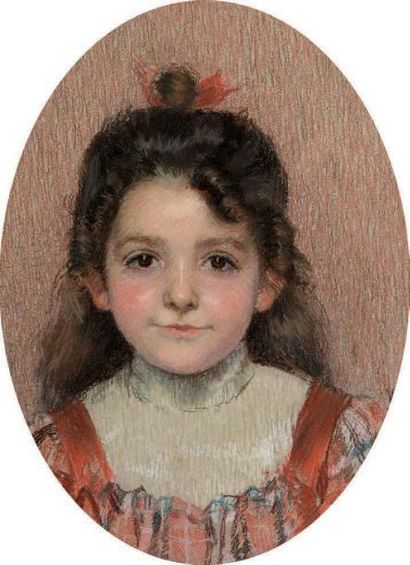 ECOLE FRANCAISE Dernier quart du XIXe siècle Portrait de fillette en robe rouge à...